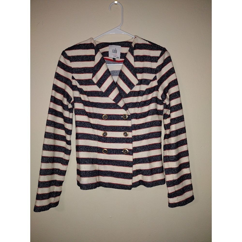 Cabi Navy White‎ Red Stripe Double Breasted Blazer Jacket Women Size 0